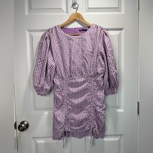 NEW Zara Gingham Checkered Texture Ruched Mini Dress Lilac & White L